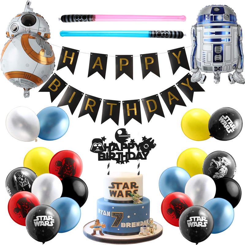 Haooryx 35PCS Galaxy Wars Birthday Party Favor Supplies for Kids, Black Series Birthday Banner Darth Vader Cake Topper Decoration Latex Balloons War Lightsaber BB8 Robot Aluminum Foil balloons - Image 1